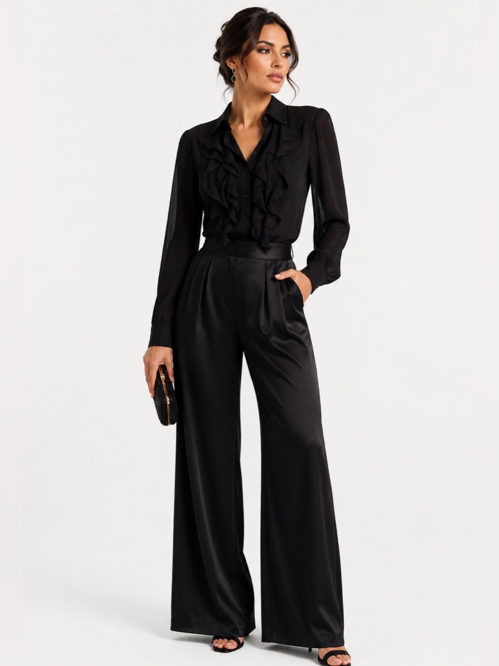 Adrianna Papell Black Ruffle Front Button Blouse Semi Sheer Med NWT